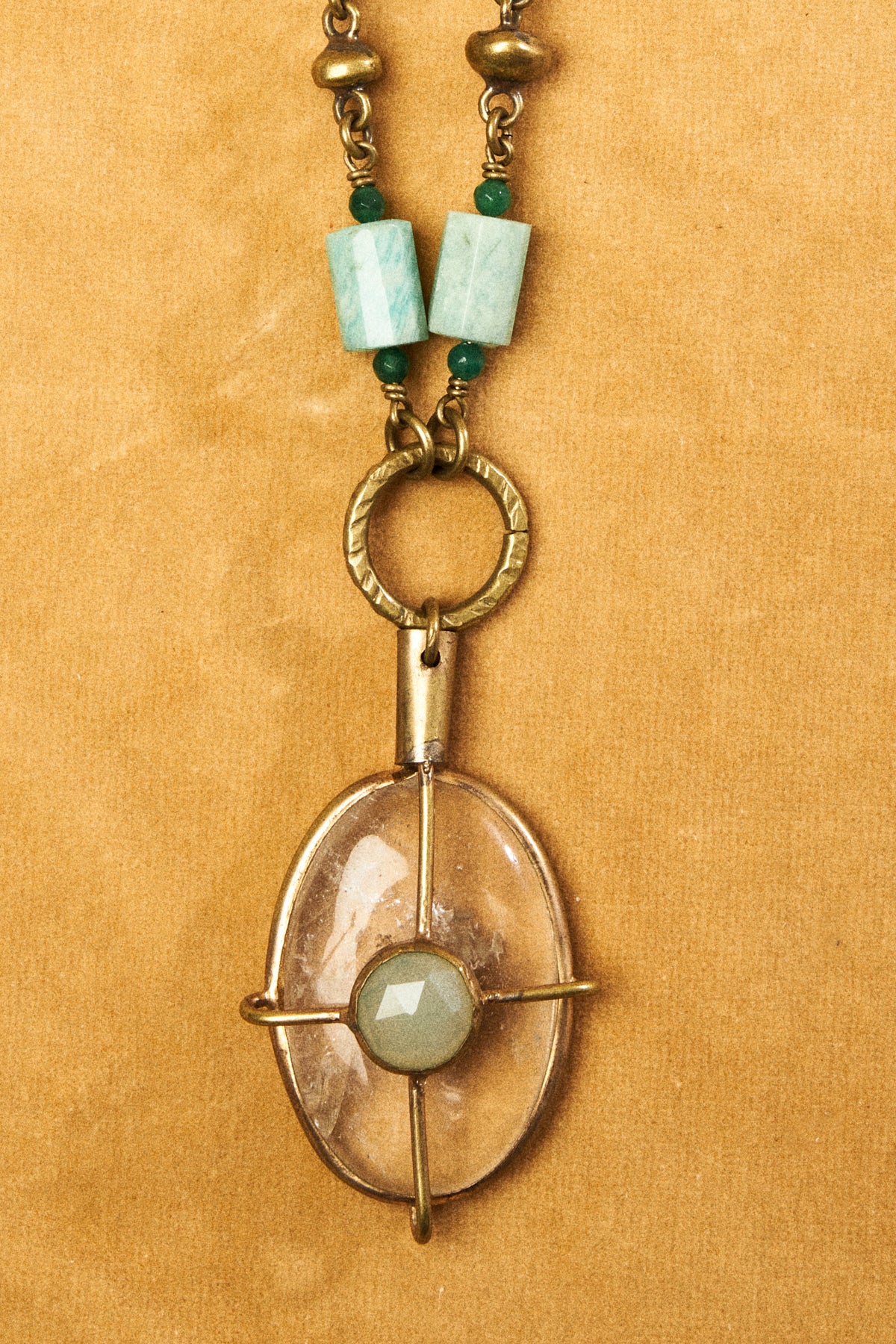 Jade Beaded Chain Necklace with Crystal Quartz Pendant