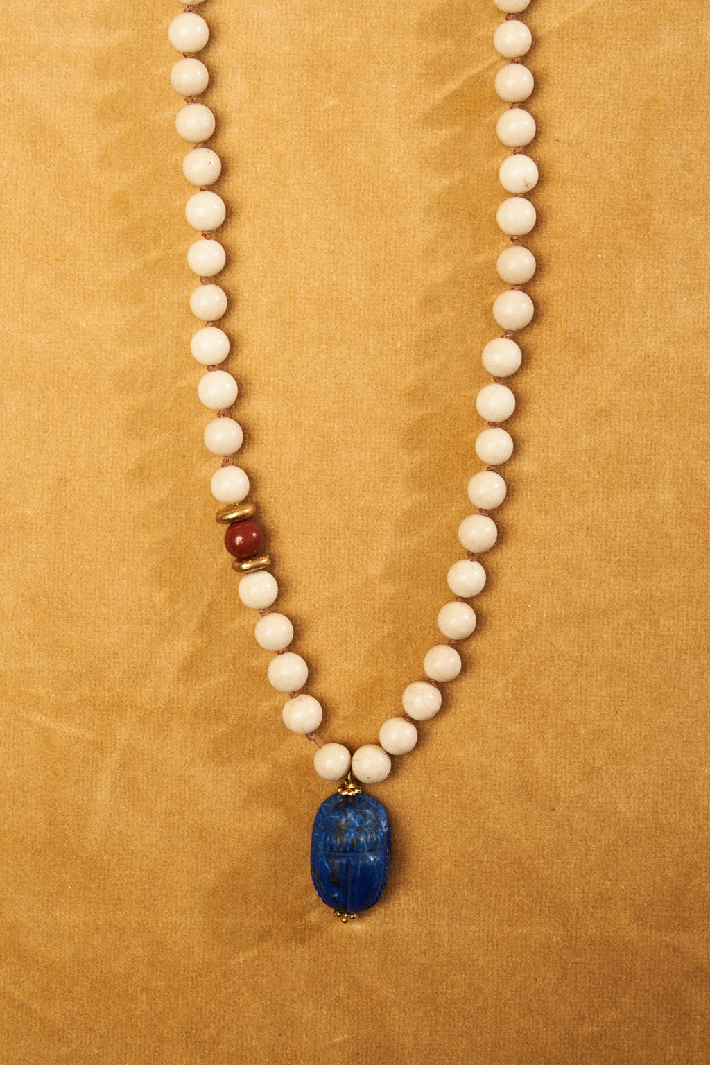 White Jasper Bead Necklace with Lapis Lazuli Scarab Pendant