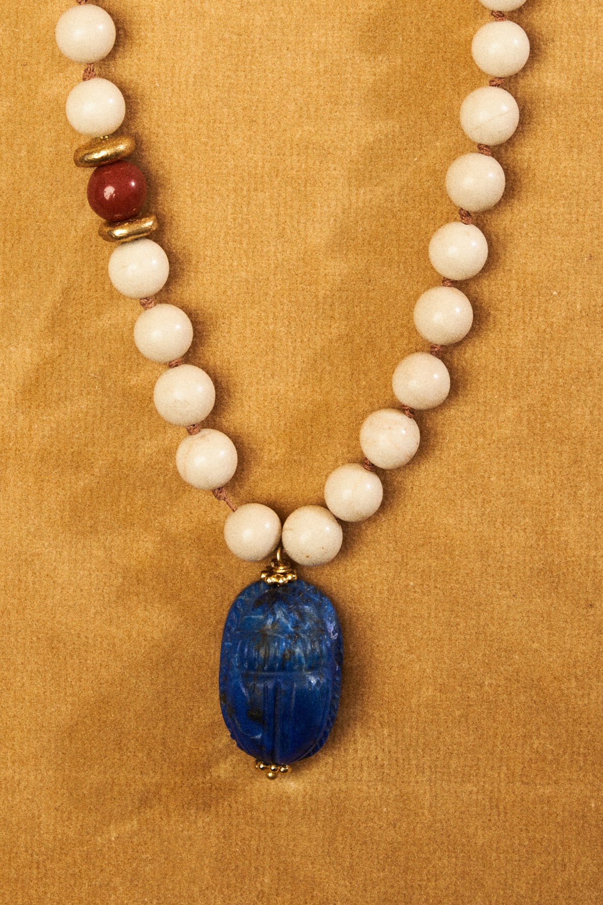 White Jasper Bead Necklace with Lapis Lazuli Scarab Pendant