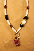 White Bead Necklace with Coral Pendant