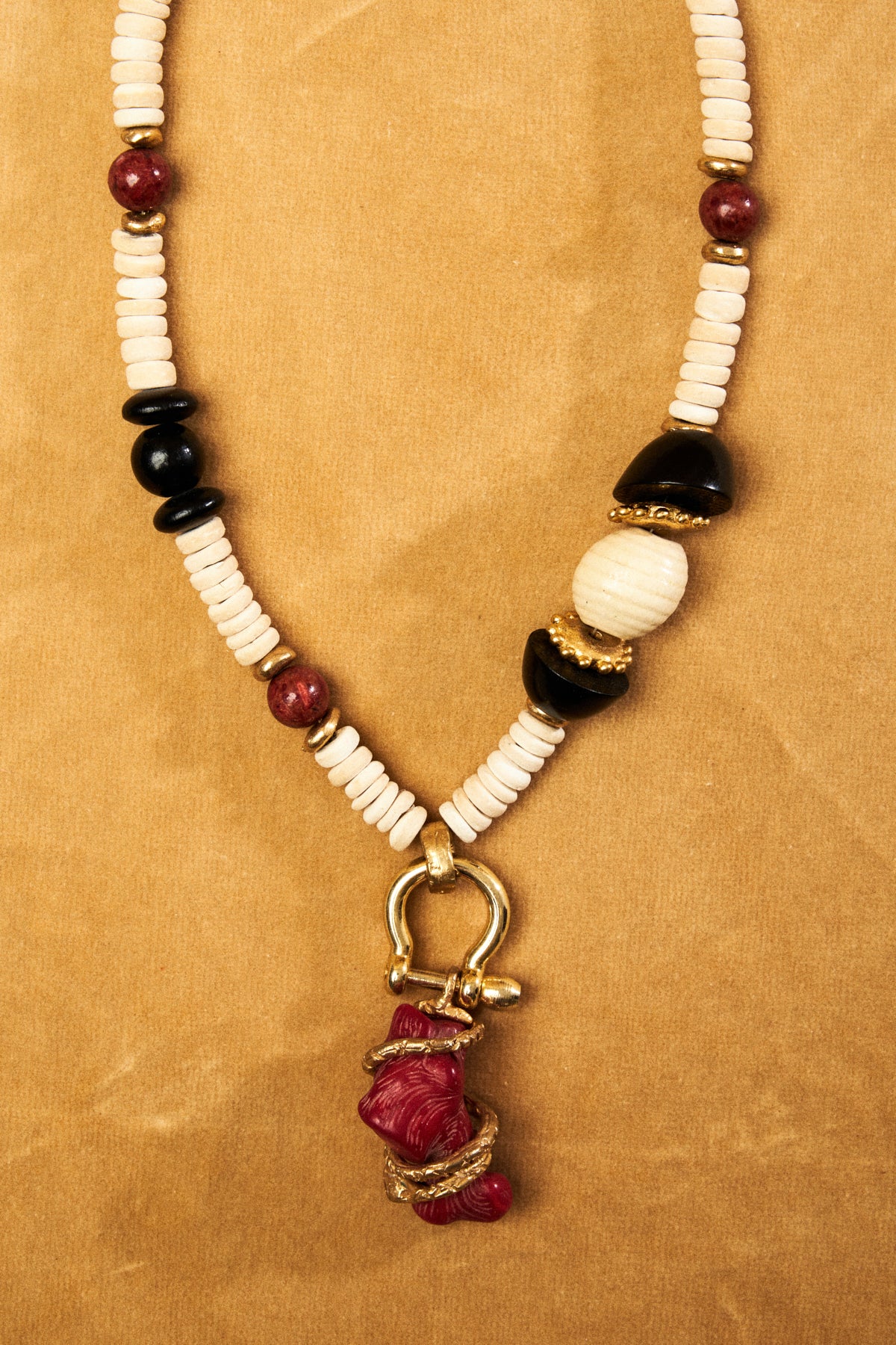White Bead Necklace with Coral Pendant