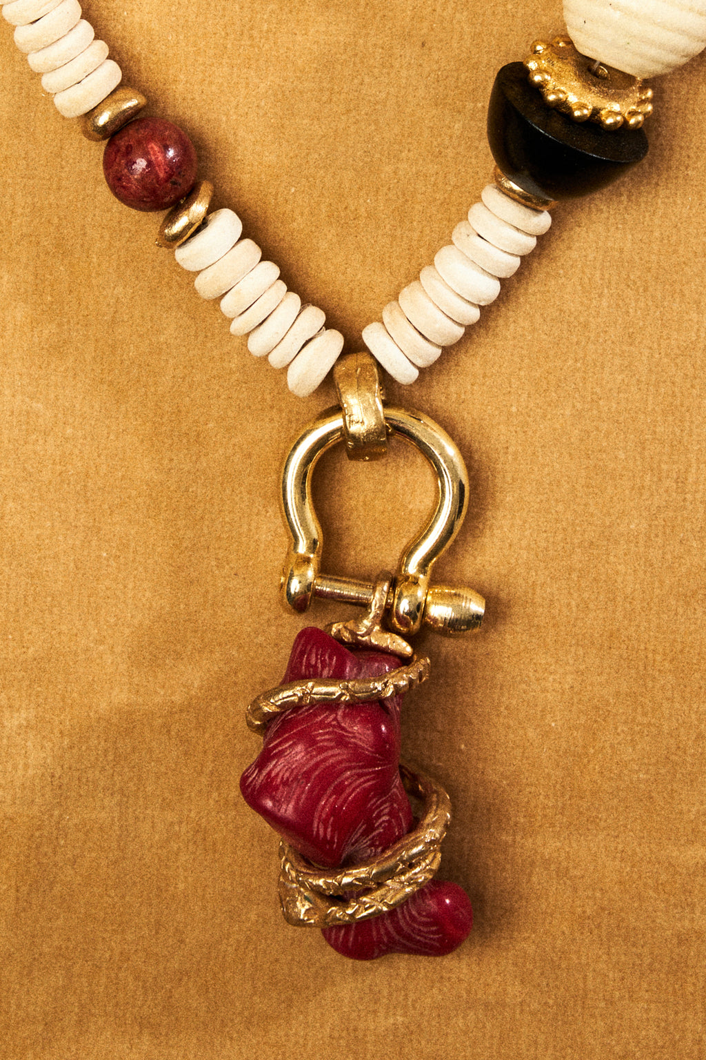 White Bead Necklace with Coral Pendant