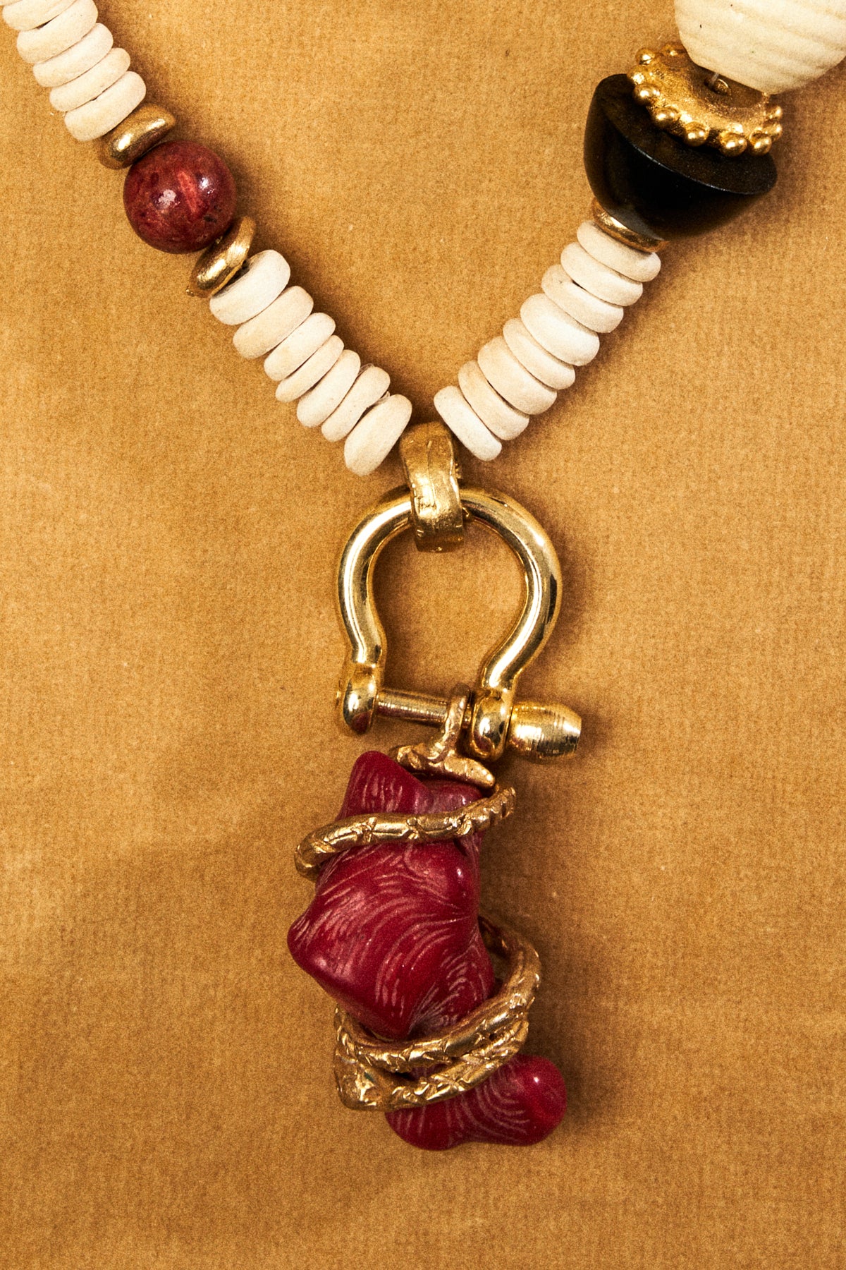 White Bead Necklace with Coral Pendant