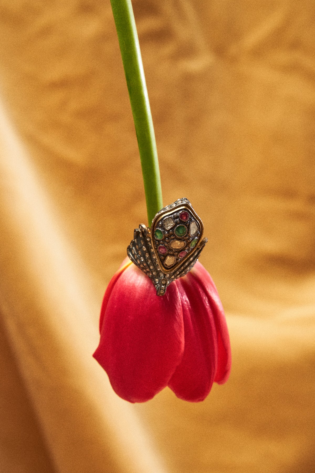Multi Colored Gemstone & Rose Cut Diamond Pavé Ring