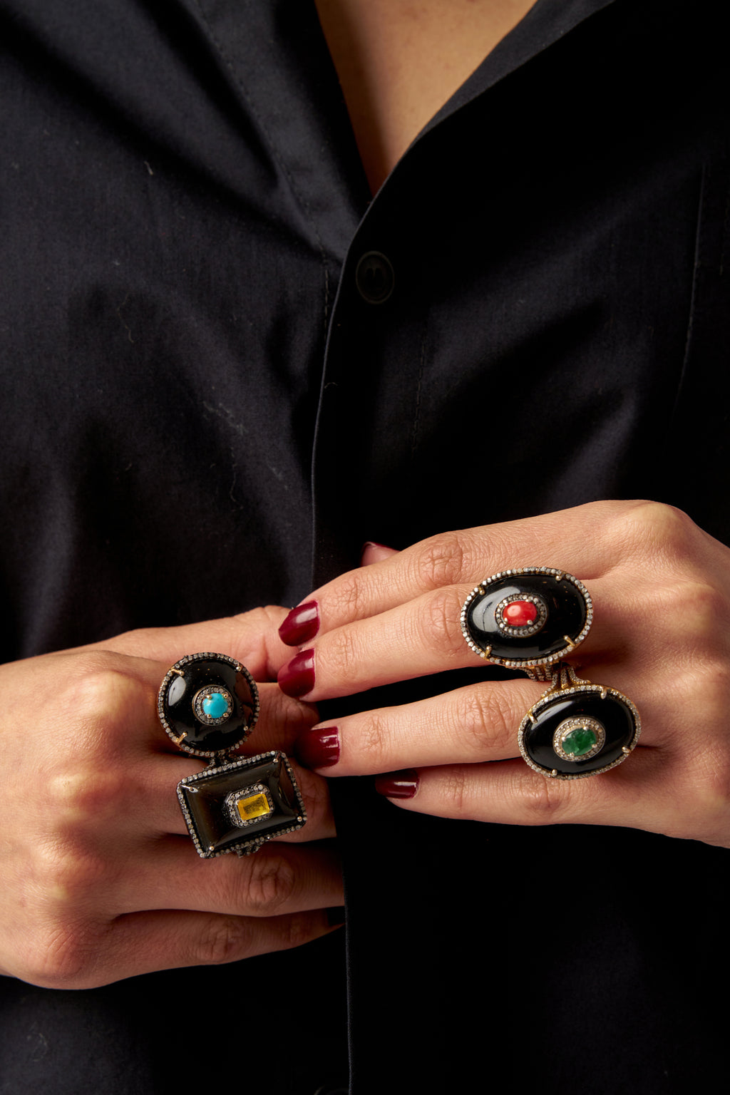 Rose-cut Diamond Pavé Rings with Onyx
