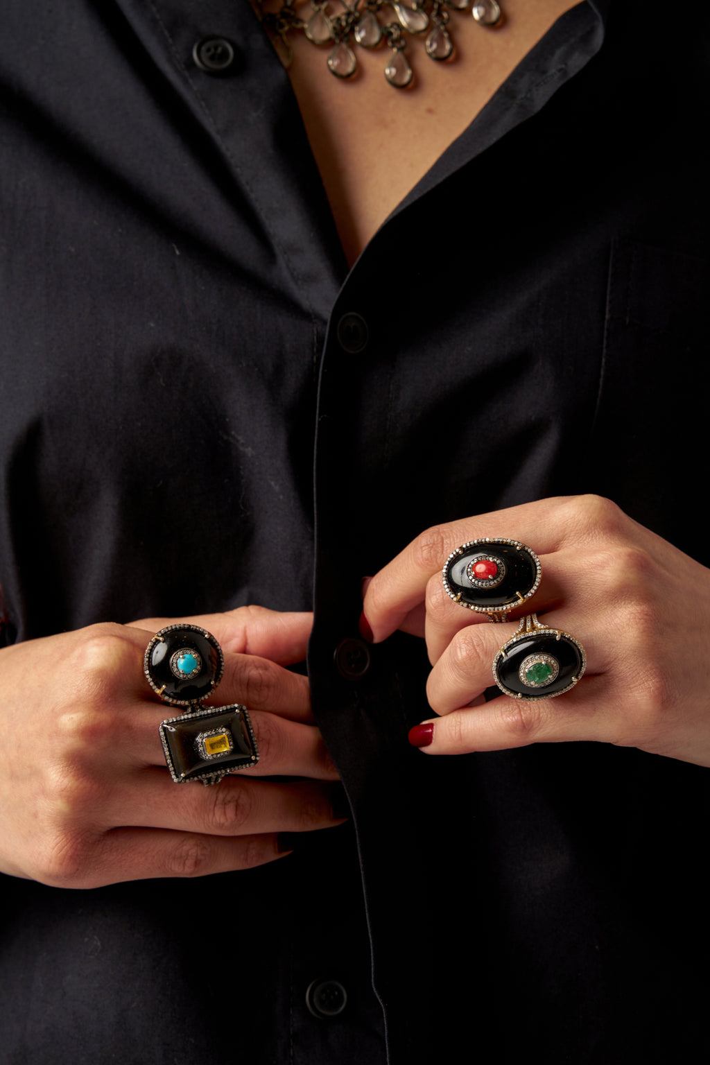 Rose-cut Diamond Pavé Rings with Onyx