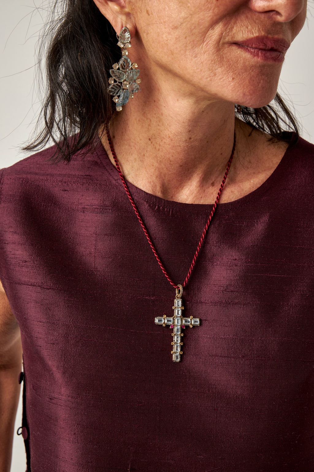 Cross Pendant Necklace Aquamarine baguette with Ruby & Diamond Details