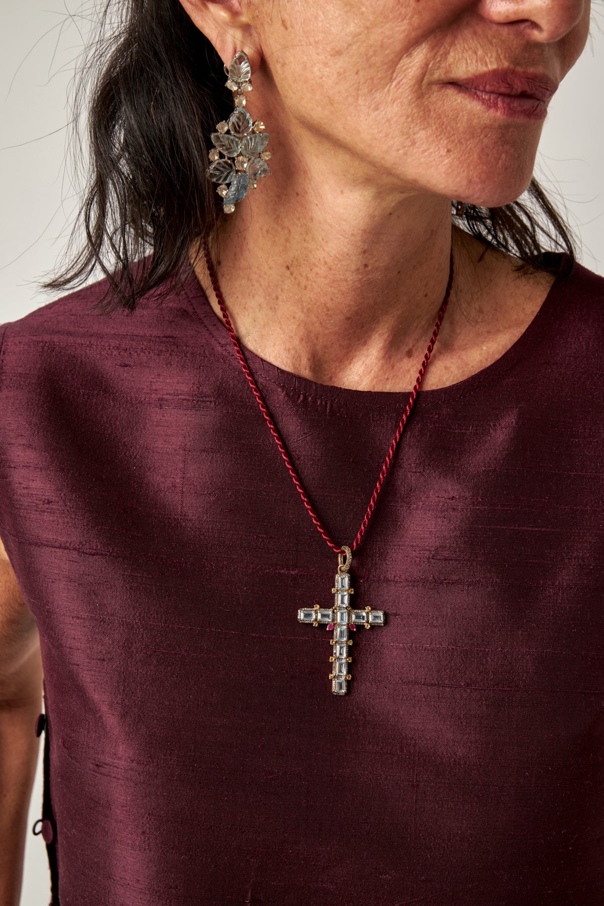 Cross Pendant Necklace Aquamarine baguette with Ruby & Diamond Details
