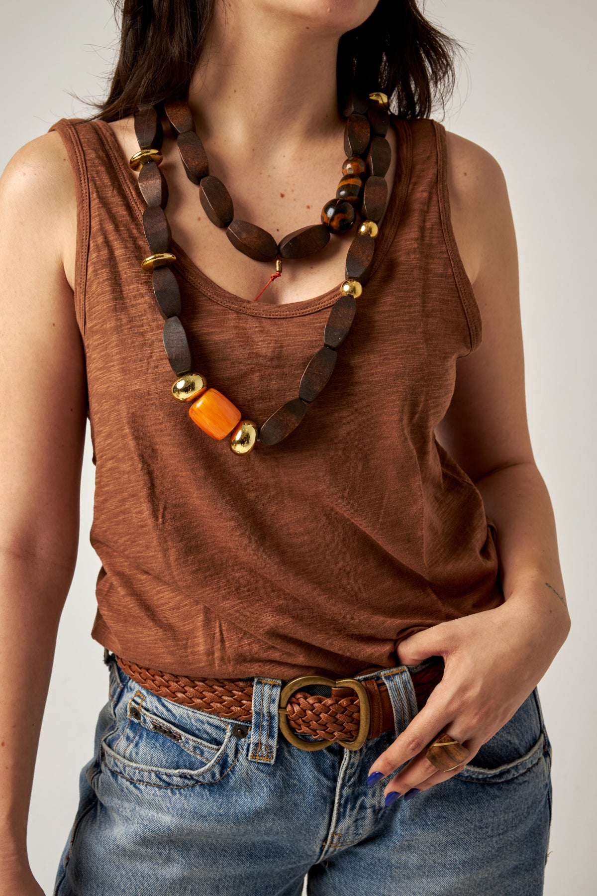 Wooden Necklace with Bakalite & Gold Accents