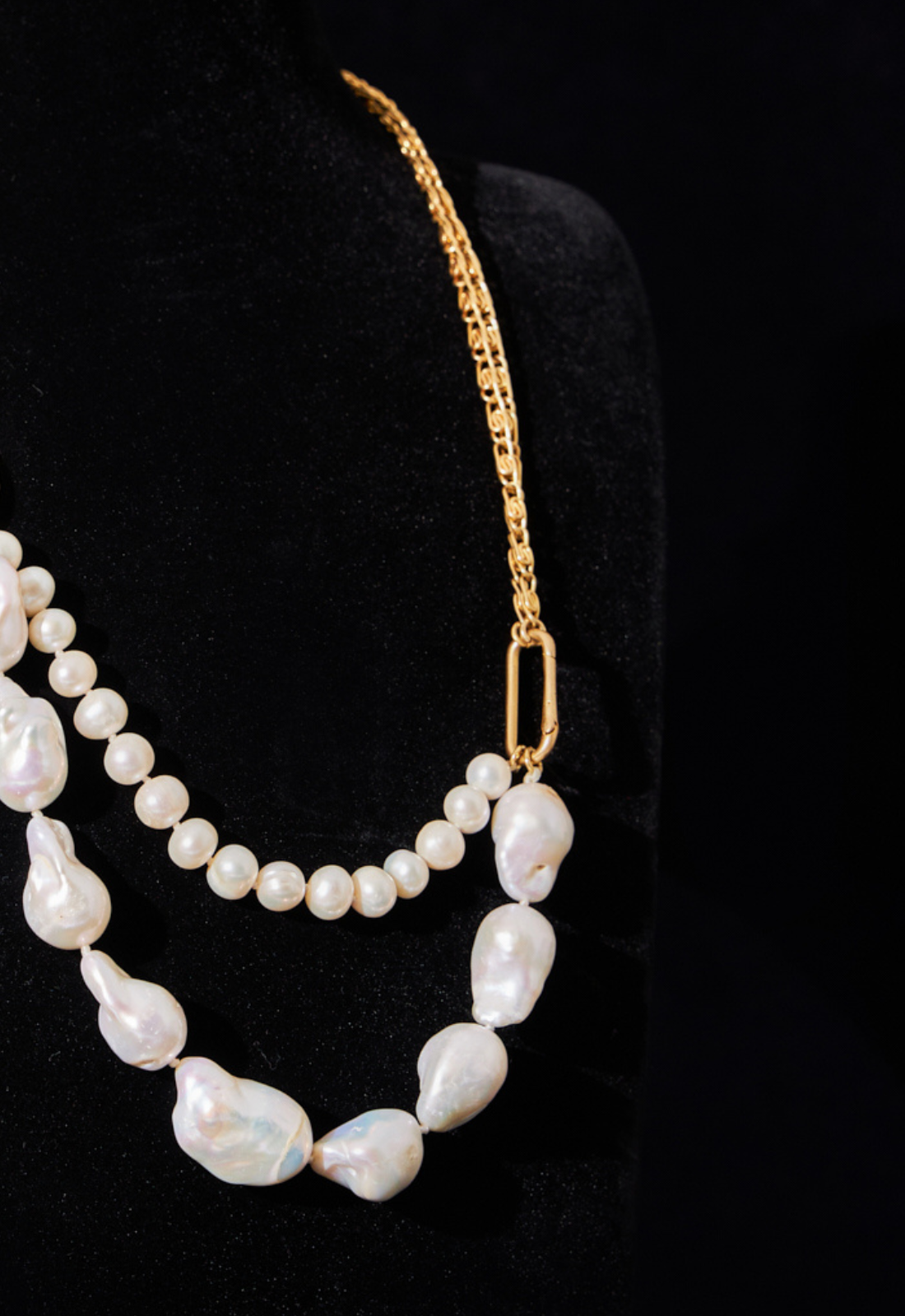Asymmetrical Pearl Necklace with Gold Chain and Vegan Leather Detail