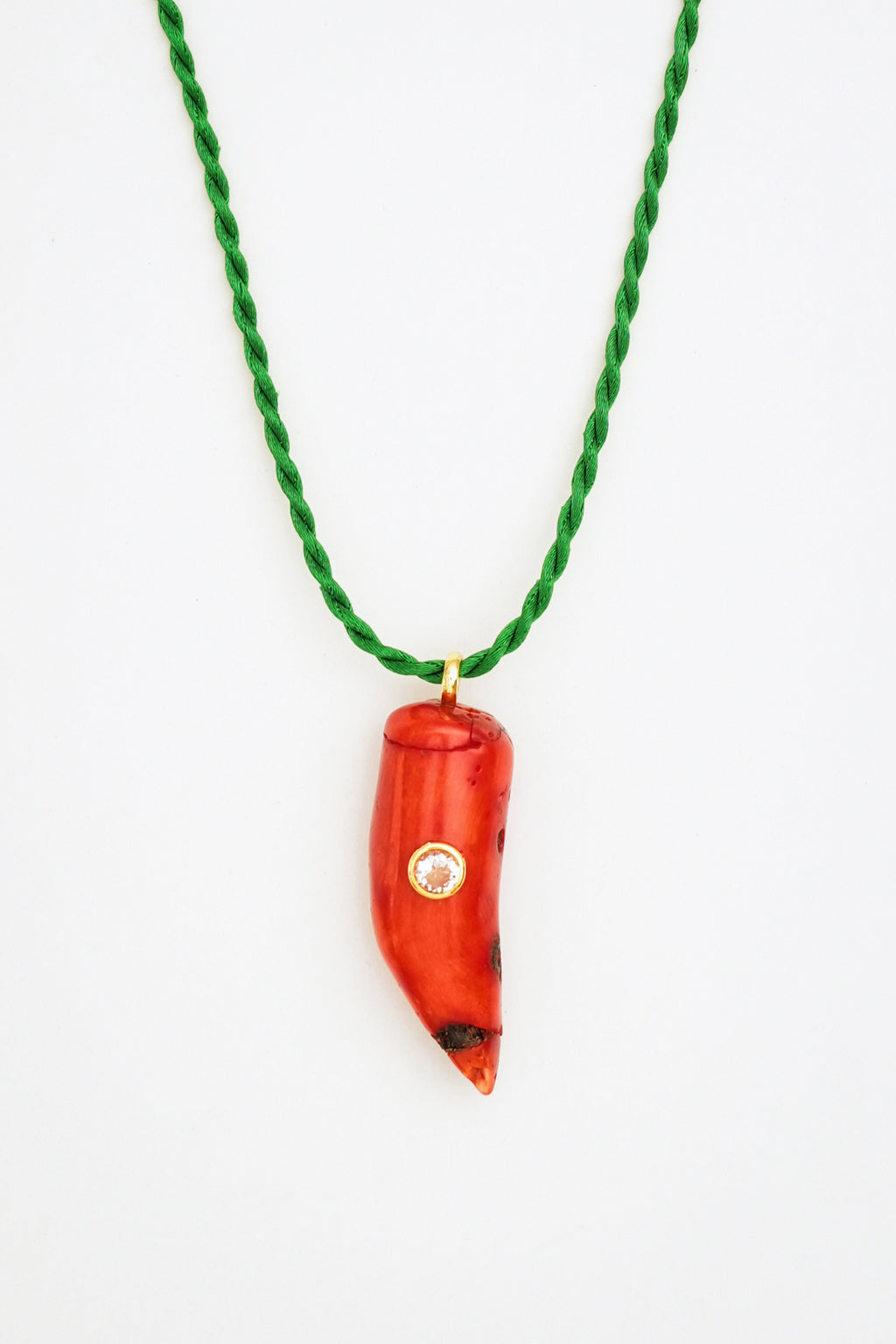 Coral & quartz Pendant Necklace on Green Rope