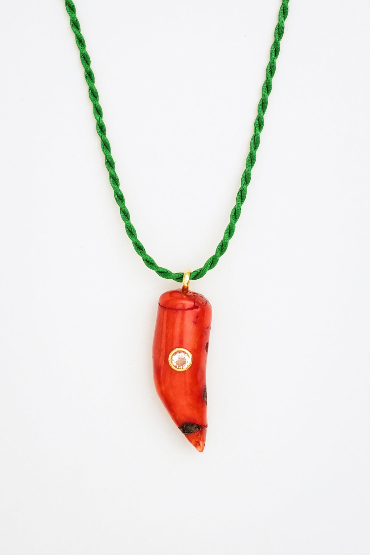Coral & quartz Pendant Necklace on Green Rope
