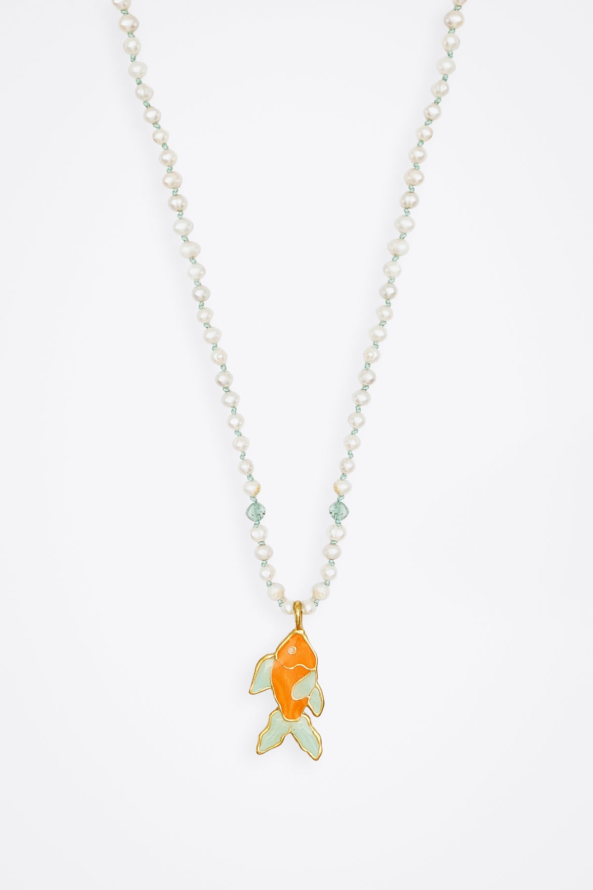 Pearl Station Necklace with enamel coated Fish Pendant