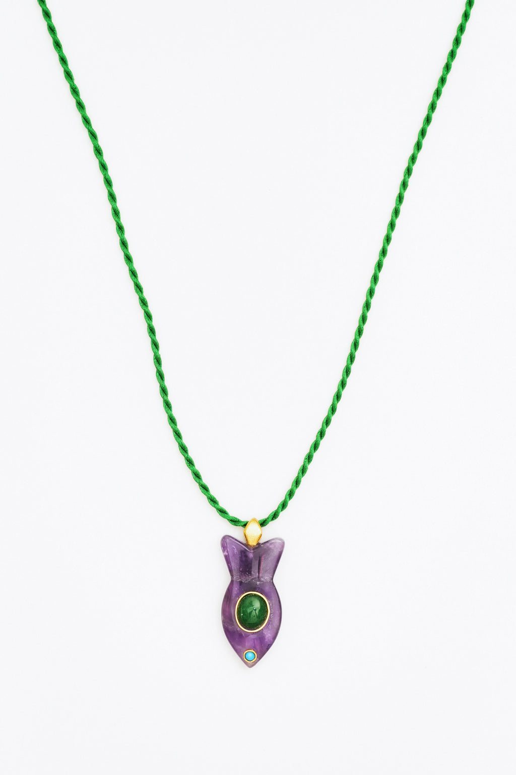 Amerist and avanturin Gemstone Fish Pendant Necklace on Green Rope