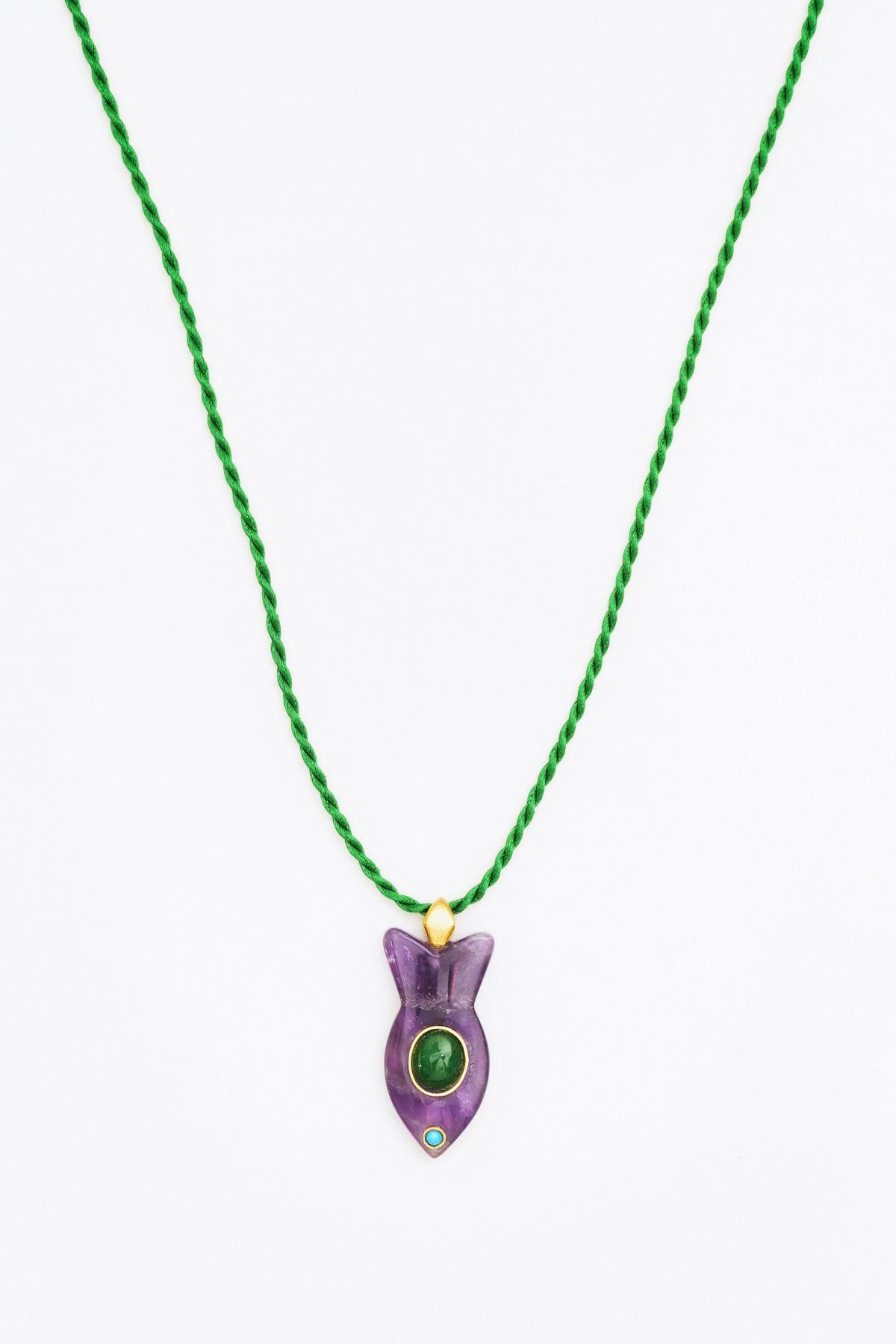 Amerist and avanturin Gemstone Fish Pendant Necklace on Green Rope