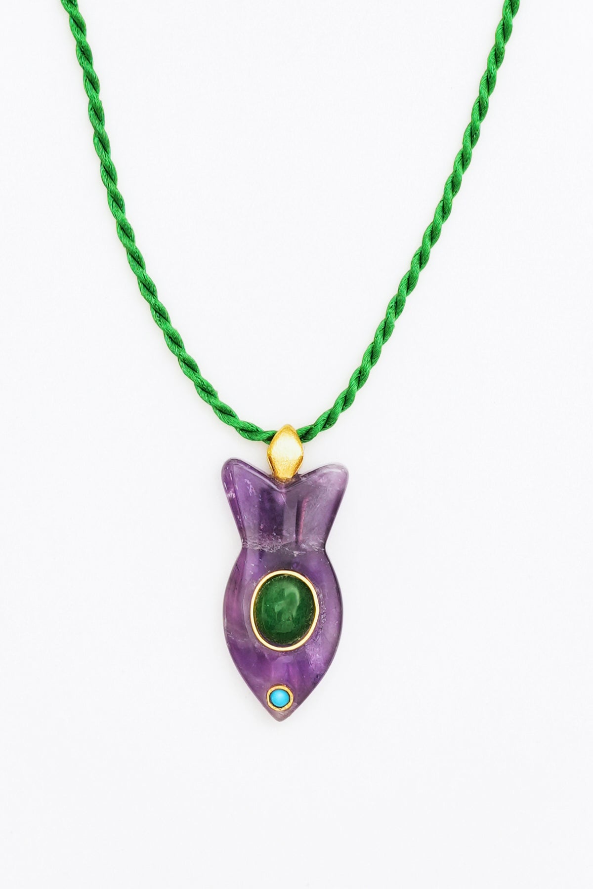 Amerist and avanturin Gemstone Fish Pendant Necklace on Green Rope