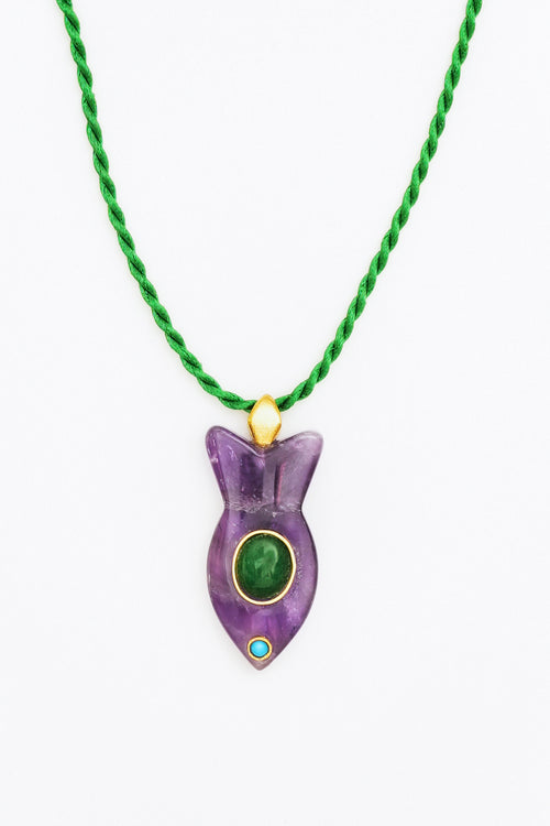 Amerist and avanturin Gemstone Fish Pendant Necklace on Green Rope