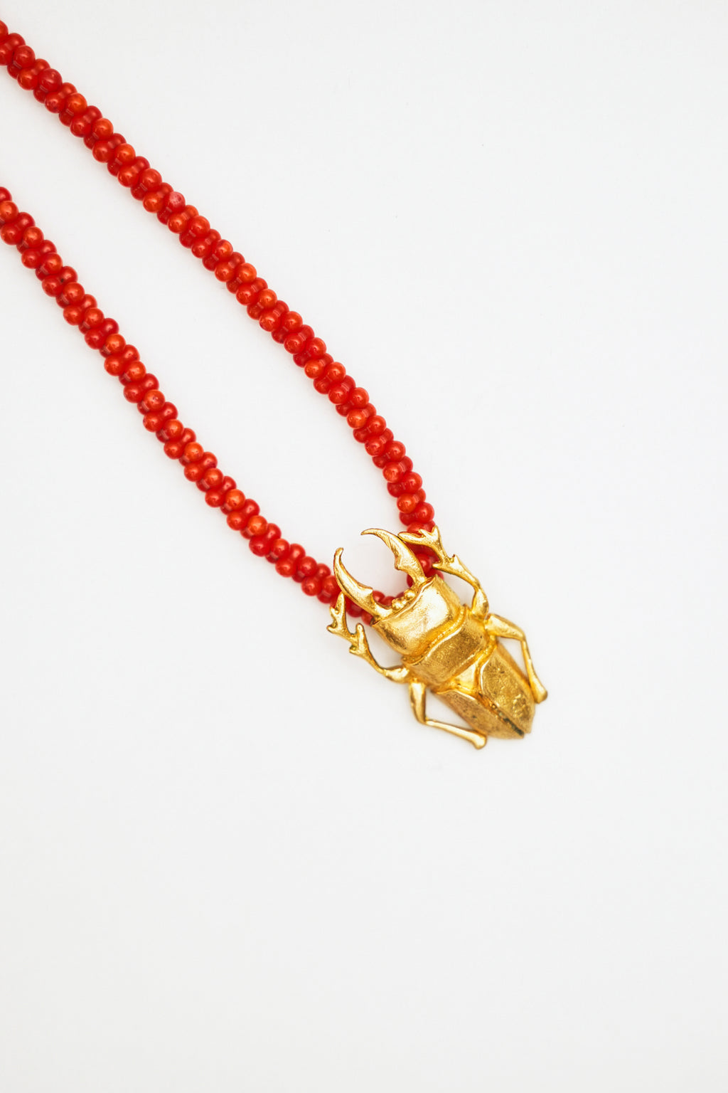 Golden Scarab Pendant on Coral Bead Chain