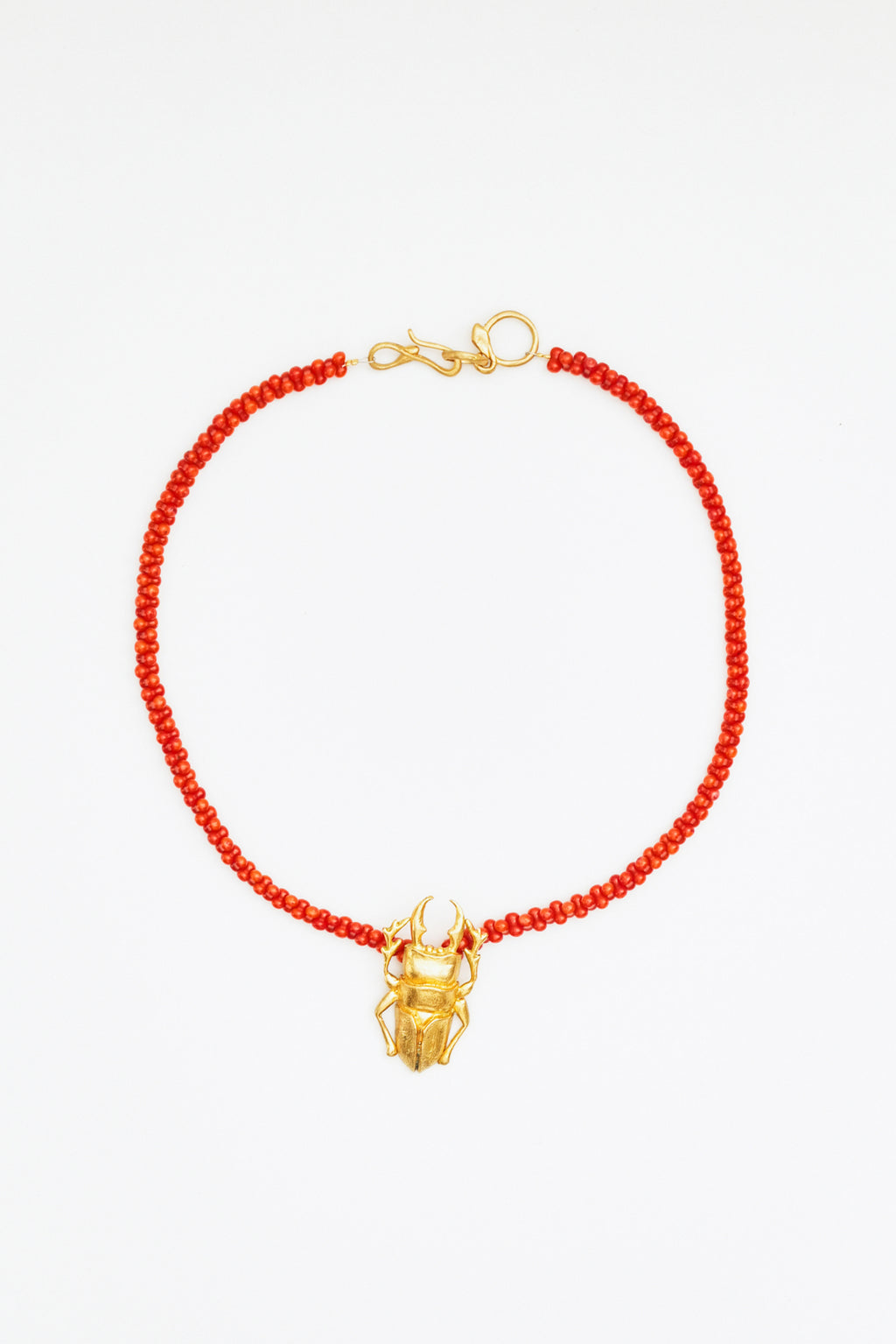 Golden Scarab Pendant on Coral Bead Chain