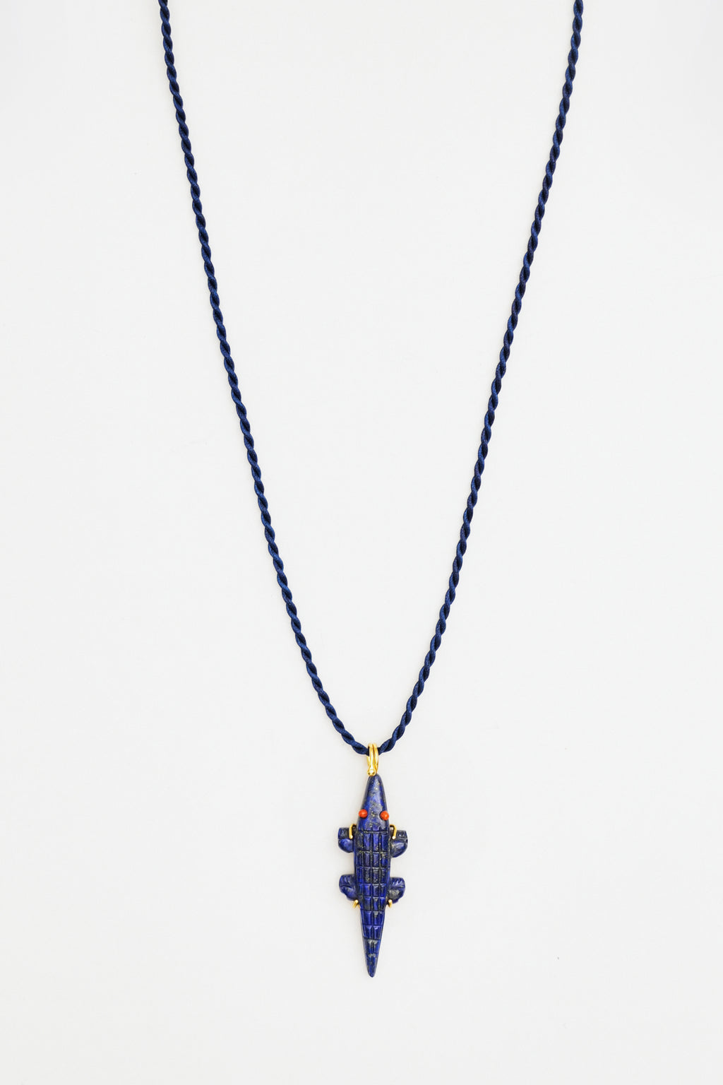 Lapis Lazuli Crocodile Pendant on Silk Cord