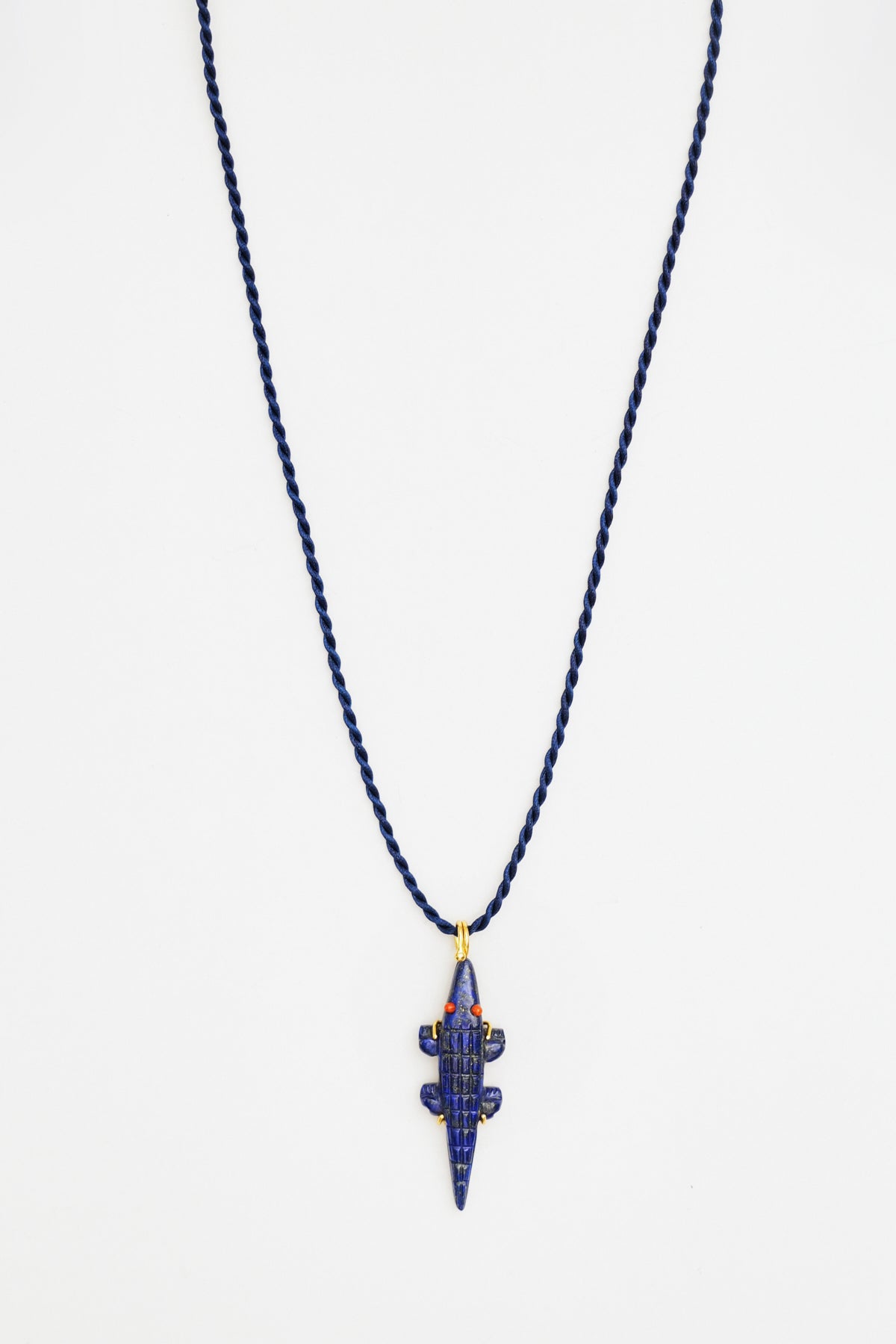 Lapis Lazuli Crocodile Pendant on Silk Cord