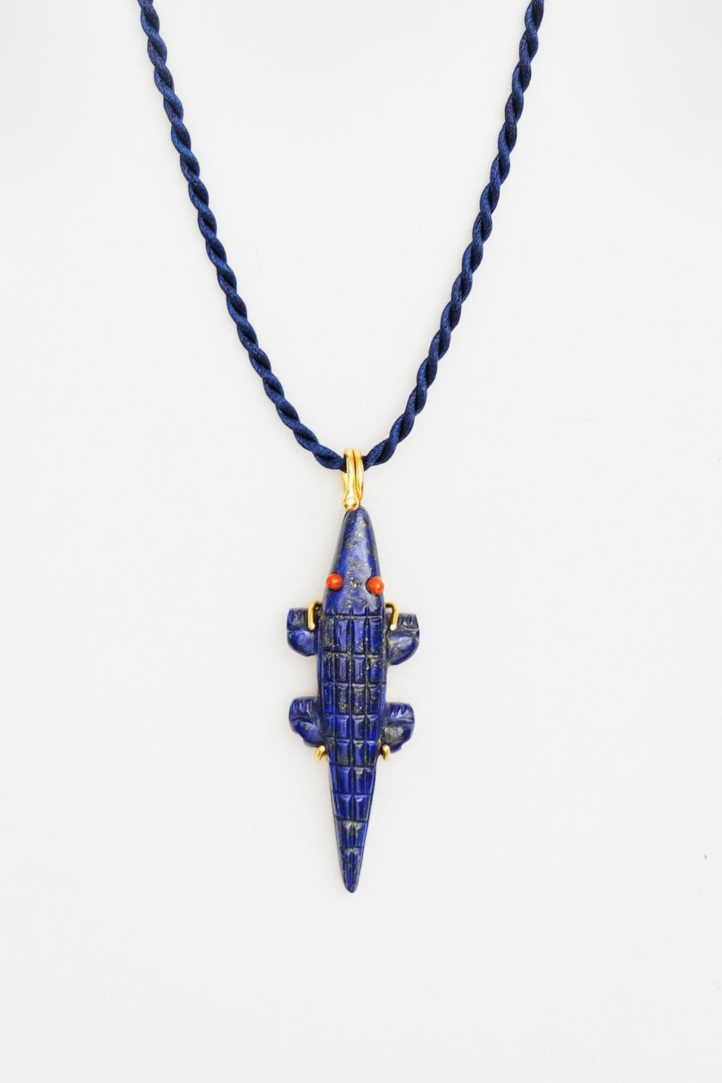 Lapis Lazuli Crocodile Pendant on Silk Cord