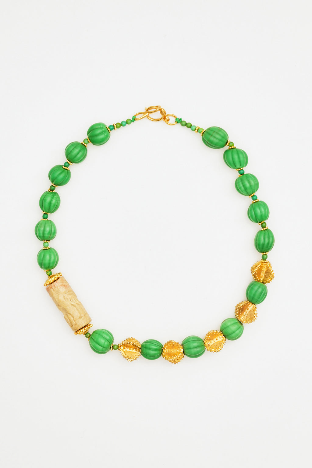 Green Murano glass Bead Necklace with Carved Stone Detail