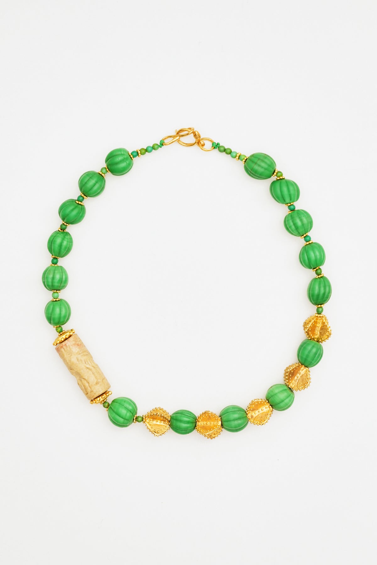 Green Murano glass Bead Necklace with Carved Stone Detail