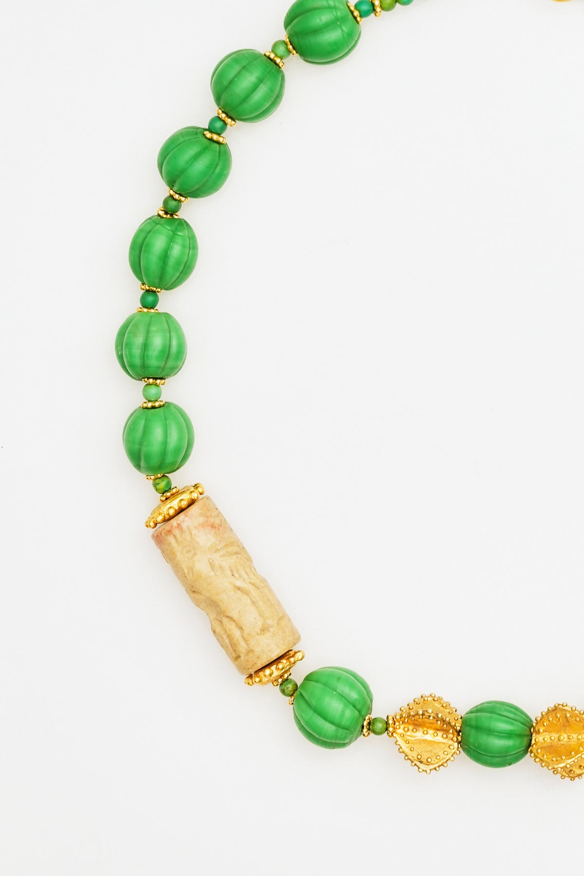 Green Murano glass Bead Necklace with Carved Stone Detail