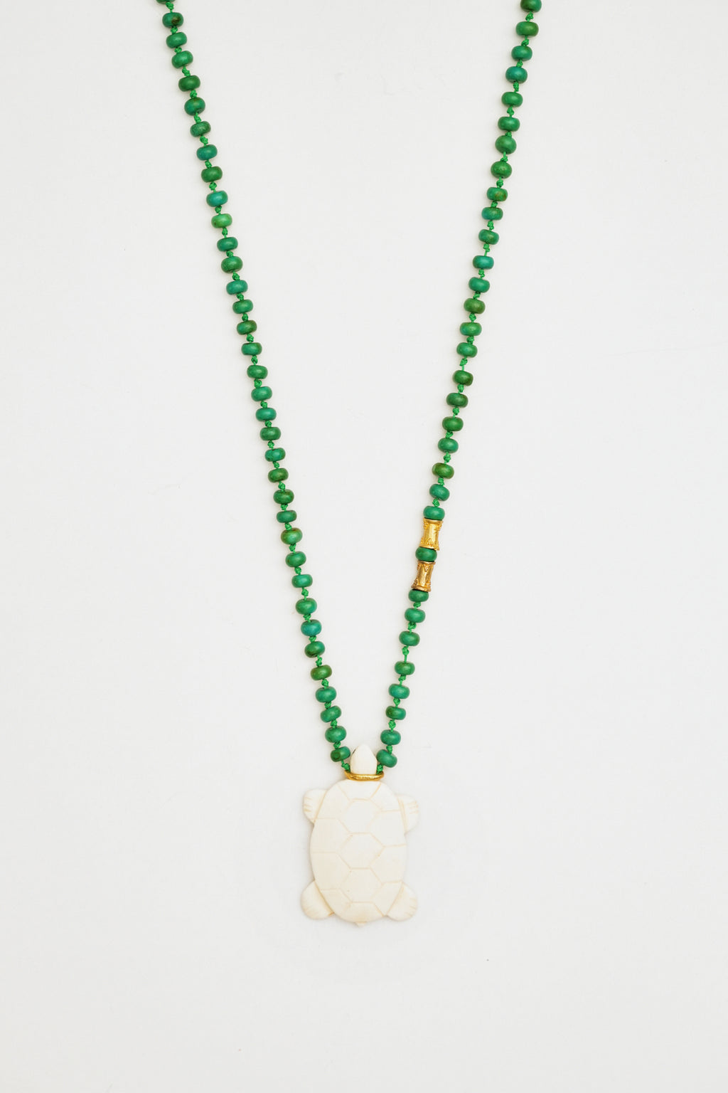 Green Bead Necklace with Ivory Turtle Charm