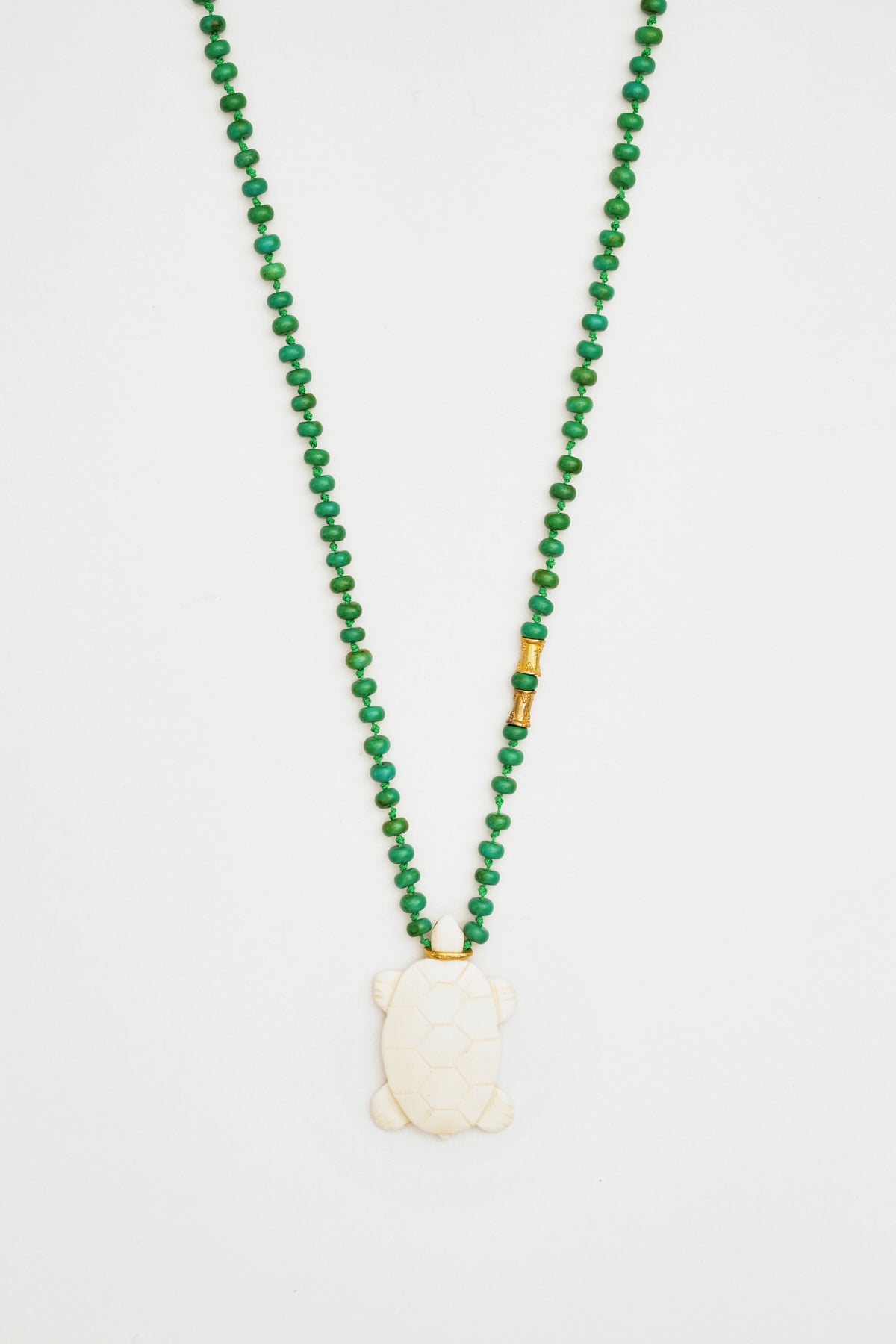 Green Bead Necklace with Ivory Turtle Charm