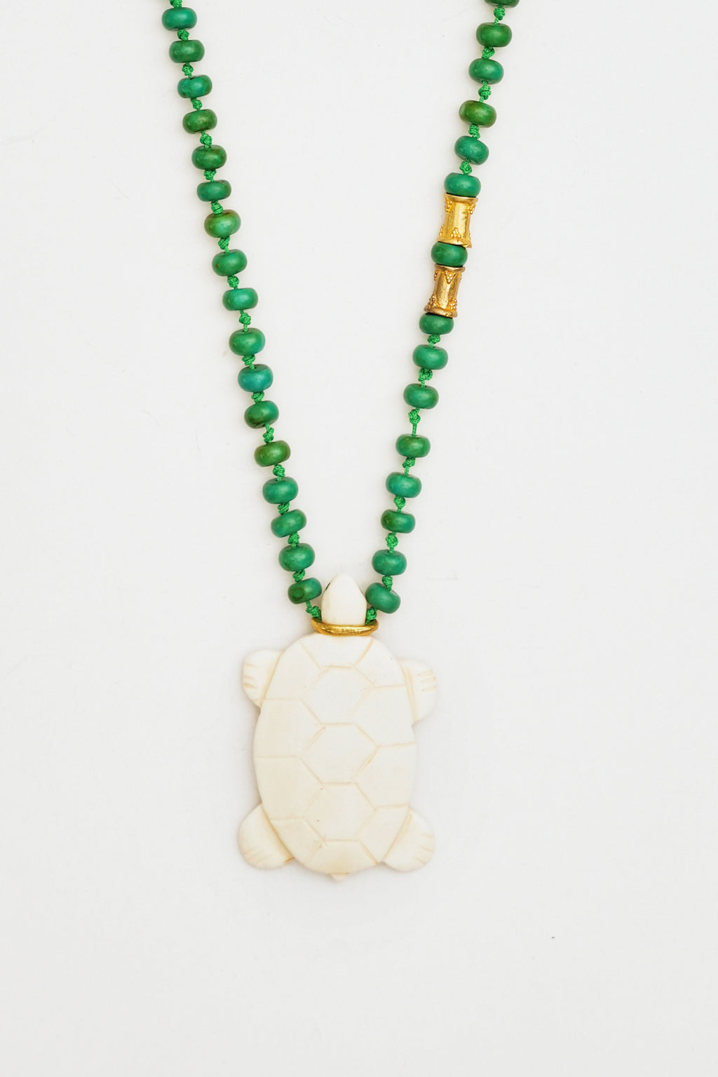 Green Bead Necklace with Ivory Turtle Charm