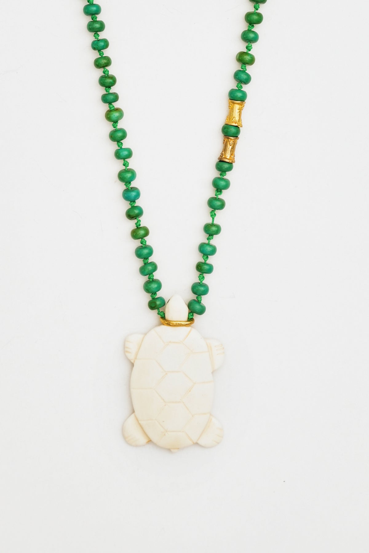 Green Bead Necklace with Ivory Turtle Charm