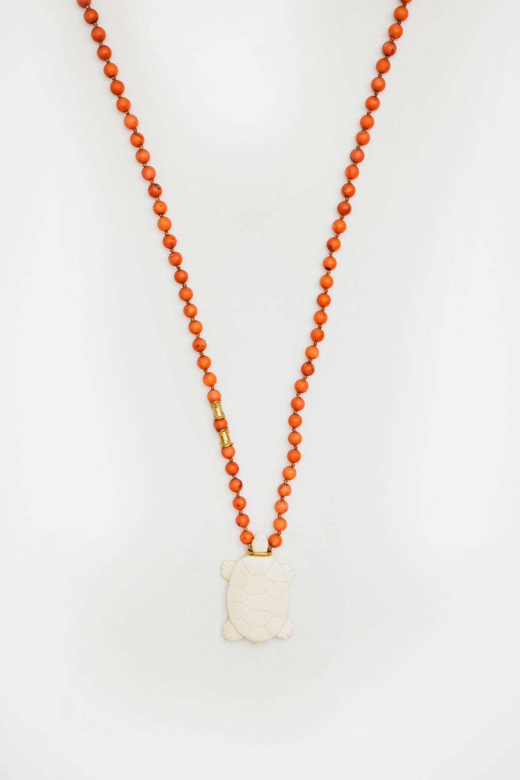 Coral Bead Necklace with Ivory Turtle Charm