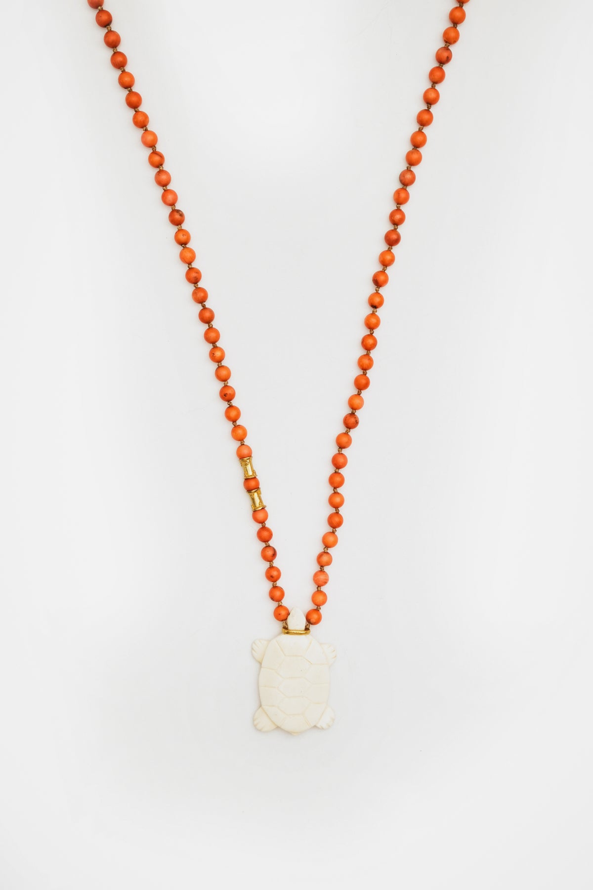 Coral Bead Necklace with Ivory Turtle Charm