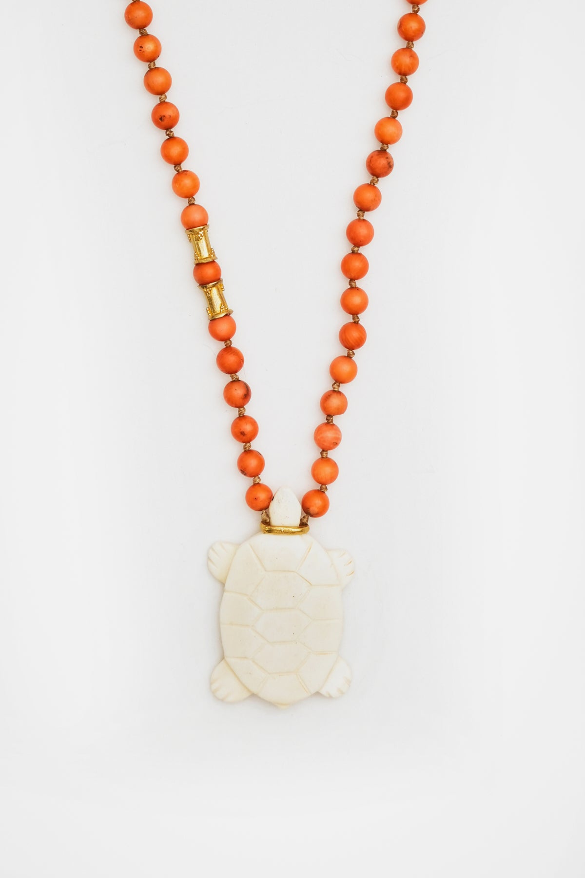 Coral Bead Necklace with Ivory Turtle Charm