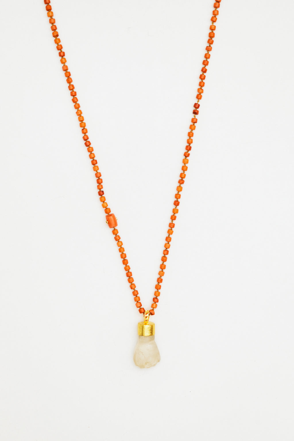 Coral Bead Necklace with Clear Quartz Fist Charm
