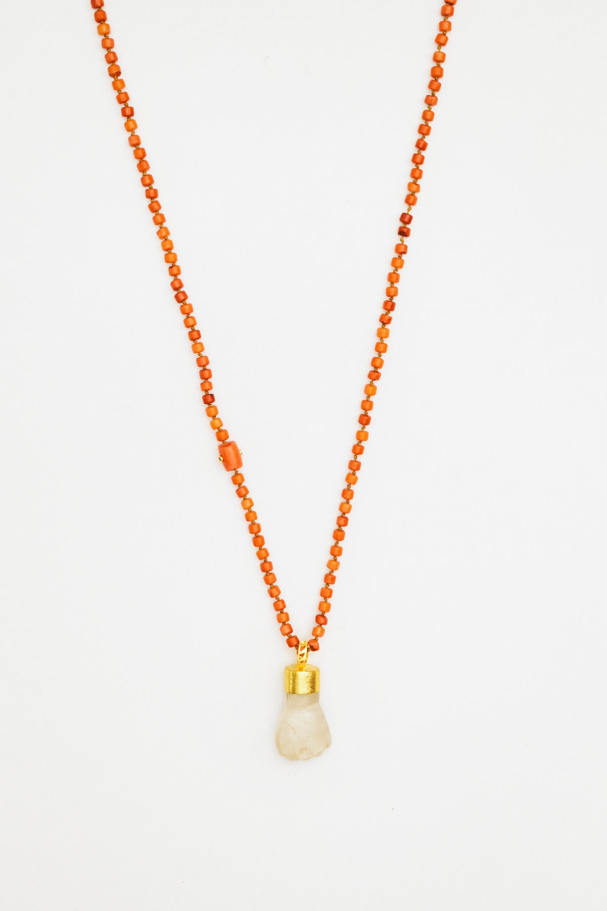 Coral Bead Necklace with Clear Quartz Fist Charm
