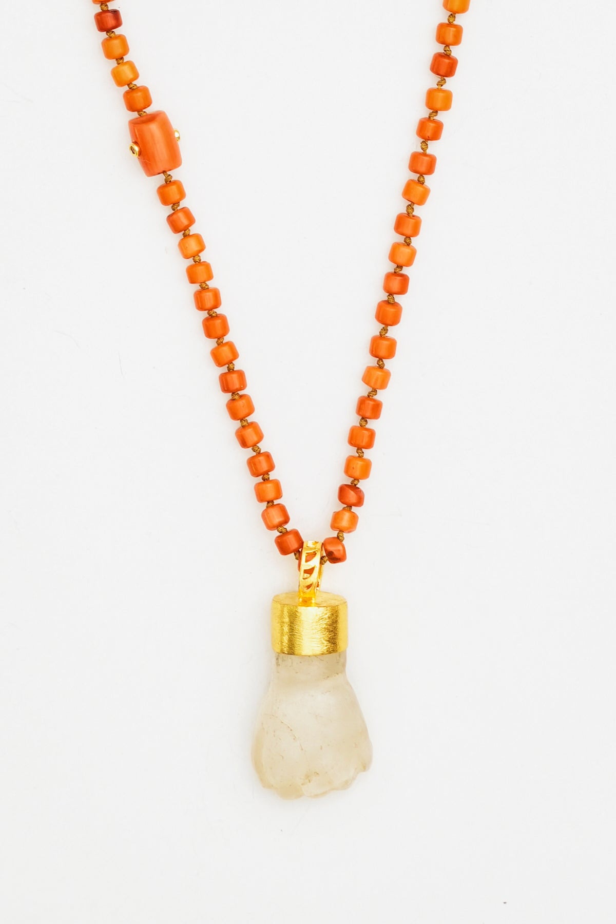 Coral Bead Necklace with Clear Quartz Fist Charm