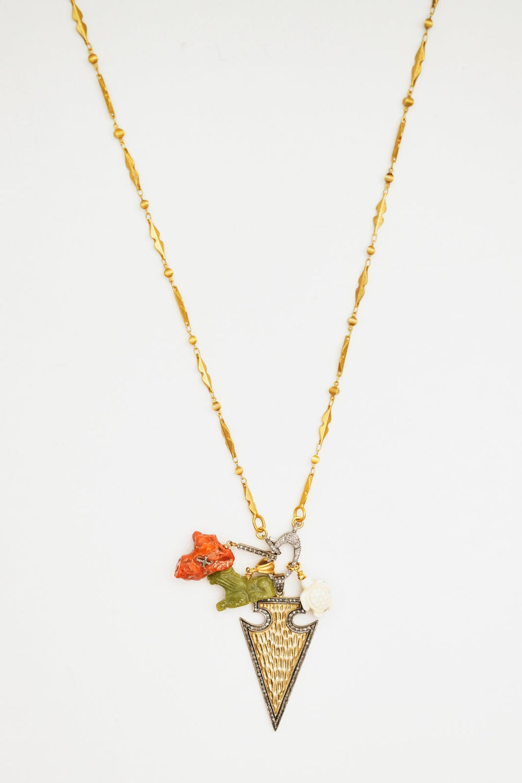 Multi Charm Necklace with Hammered Gold Arrowhead Pendant