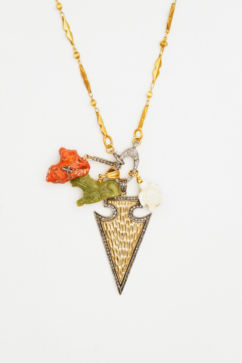 Multi Charm Necklace with Hammered Gold Arrowhead Pendant