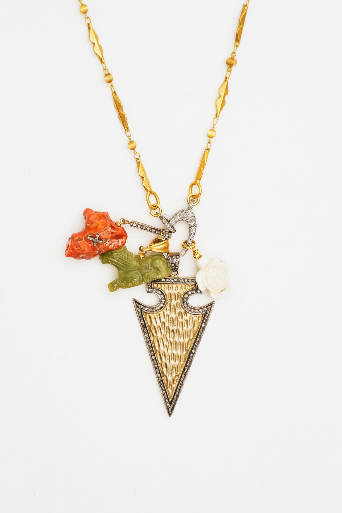 Multi Charm Necklace with Hammered Gold Arrowhead Pendant