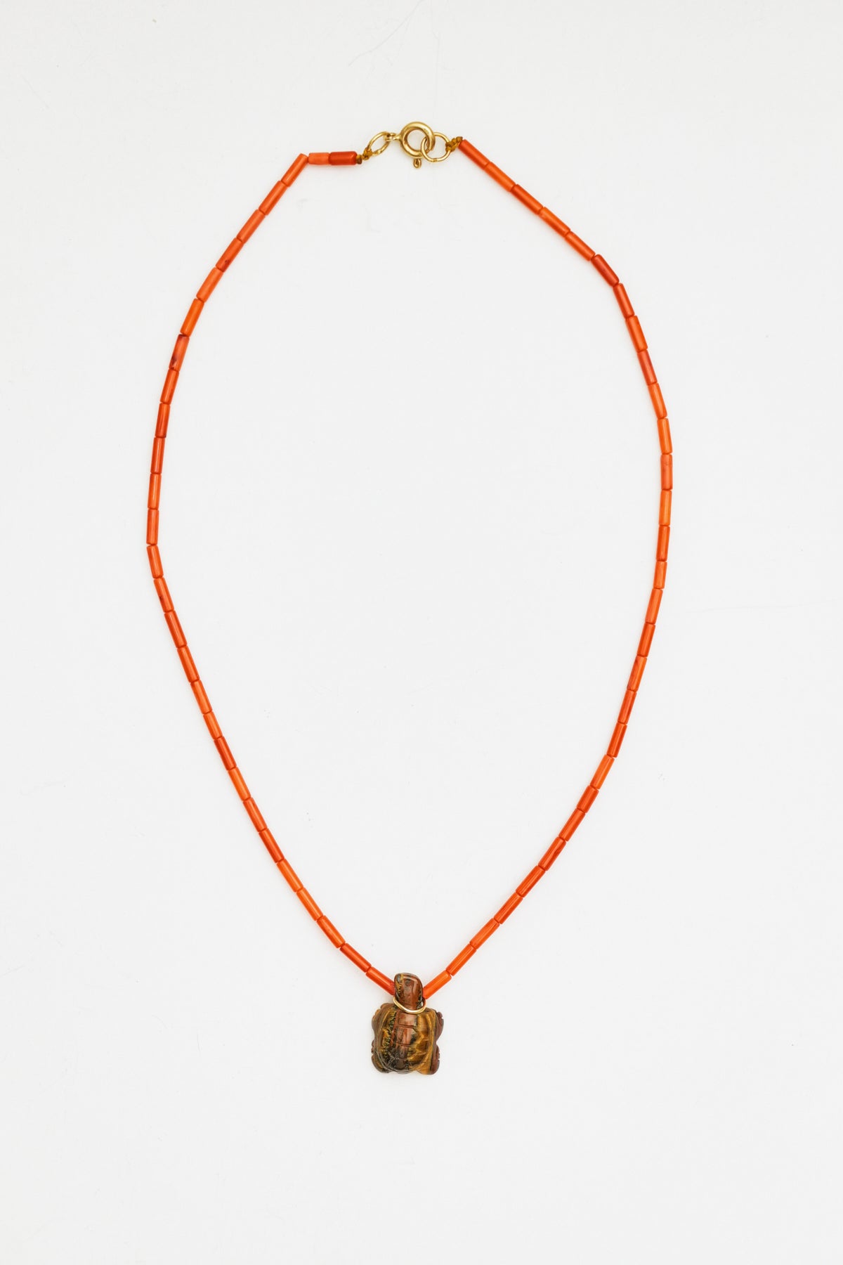 Coral Bead Necklace with Tiger's Eye Turtle Charm