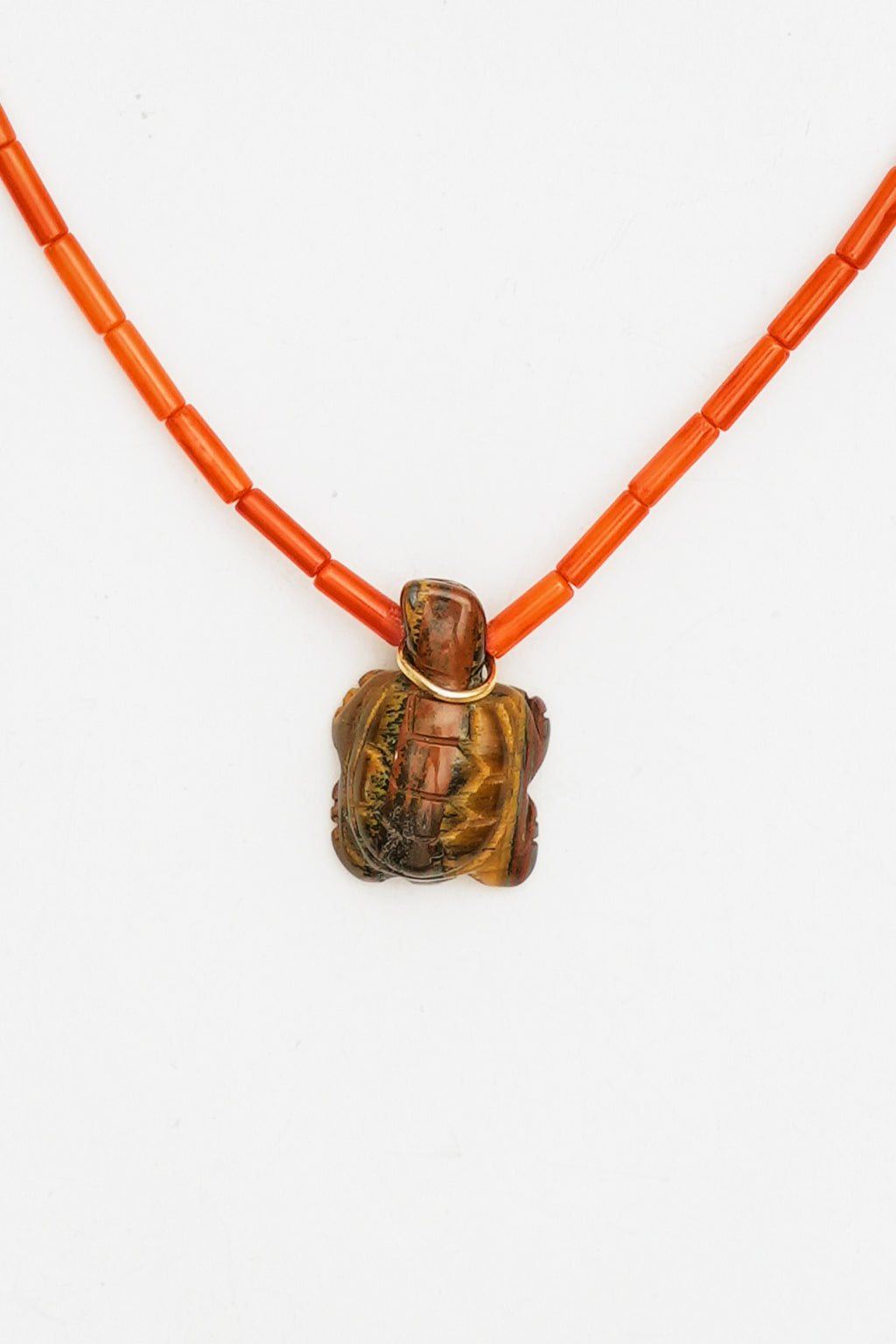 Coral Bead Necklace with Tiger's Eye Turtle Charm