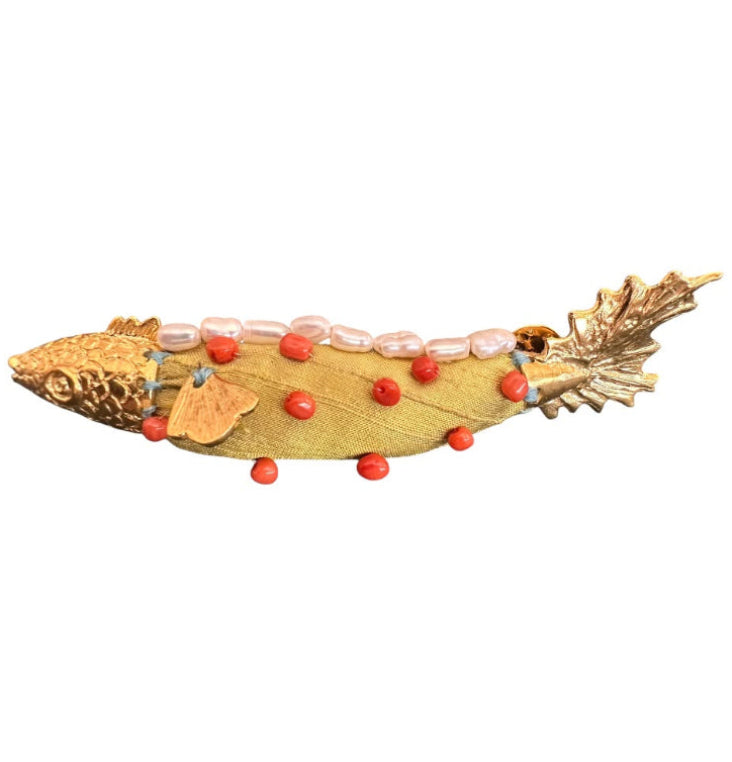Fabric Fish Brooch with Bead & Pearl Accents